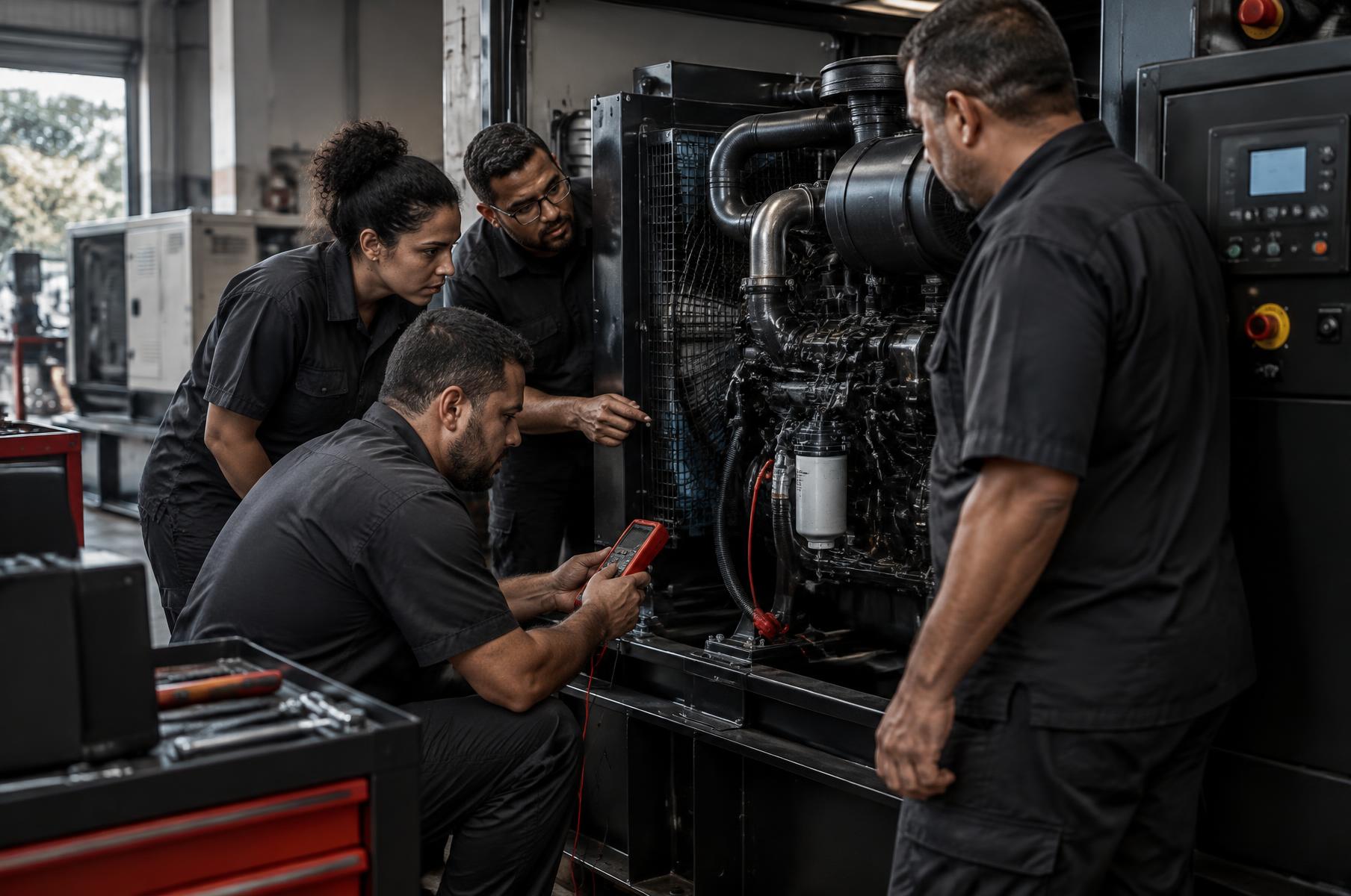 Alunos praticando diagnóstico em gerador industrial